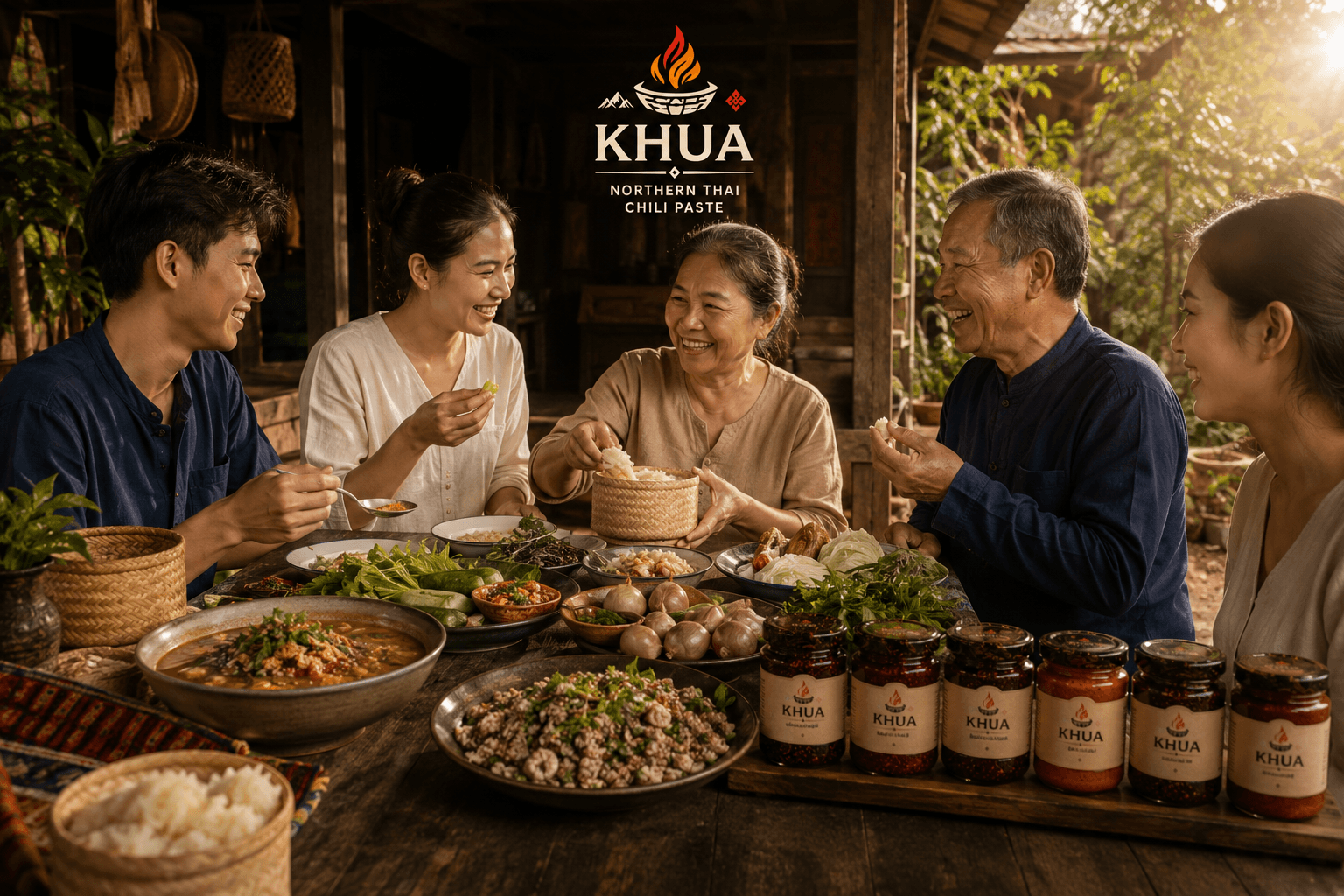 ครอบครัวรับประทานอาหารเหนือพร้อมสินค้า KHUA
